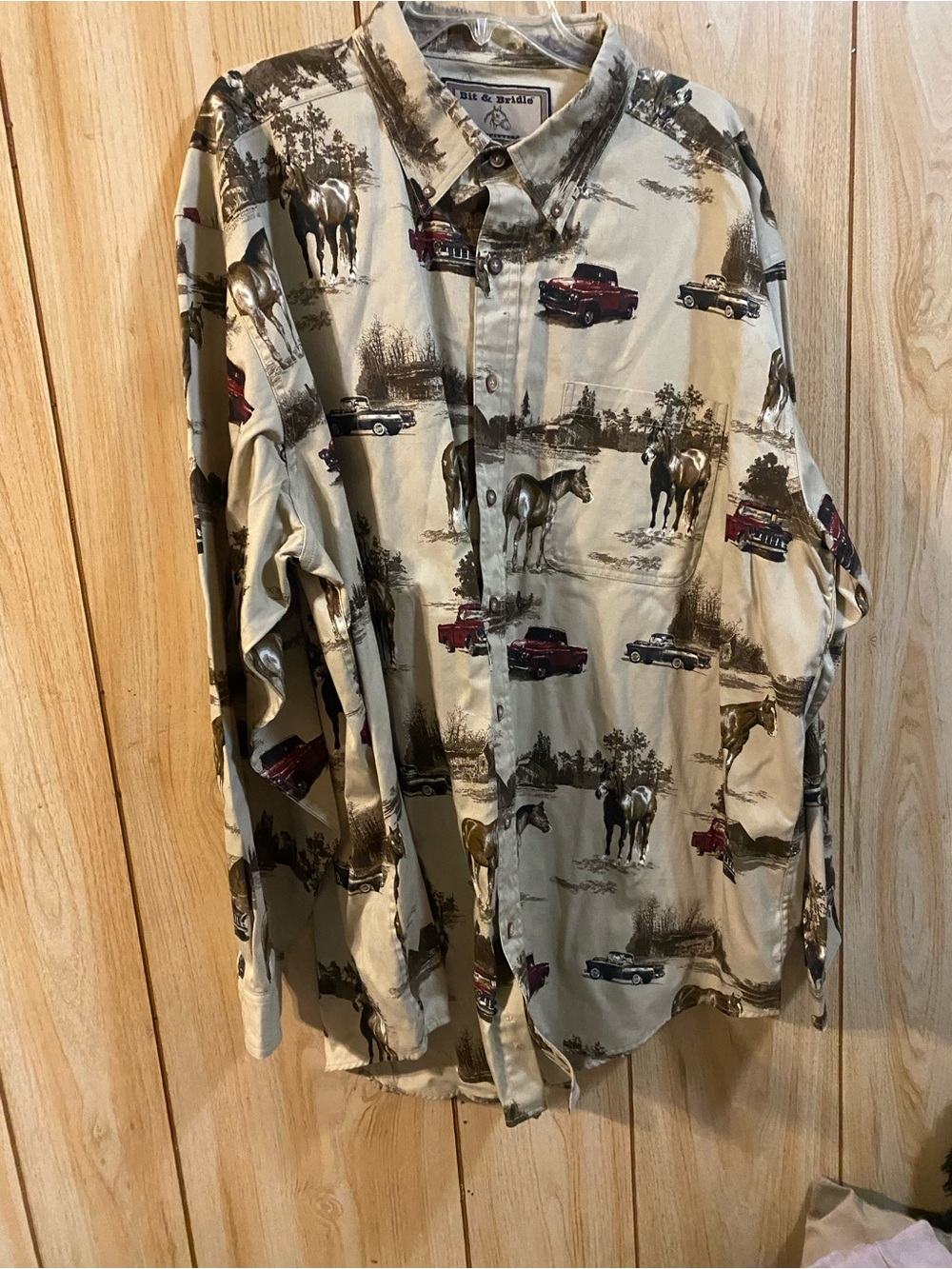 Bit & Bridle Cream Button-Down Shirt with Horse & Truck Print